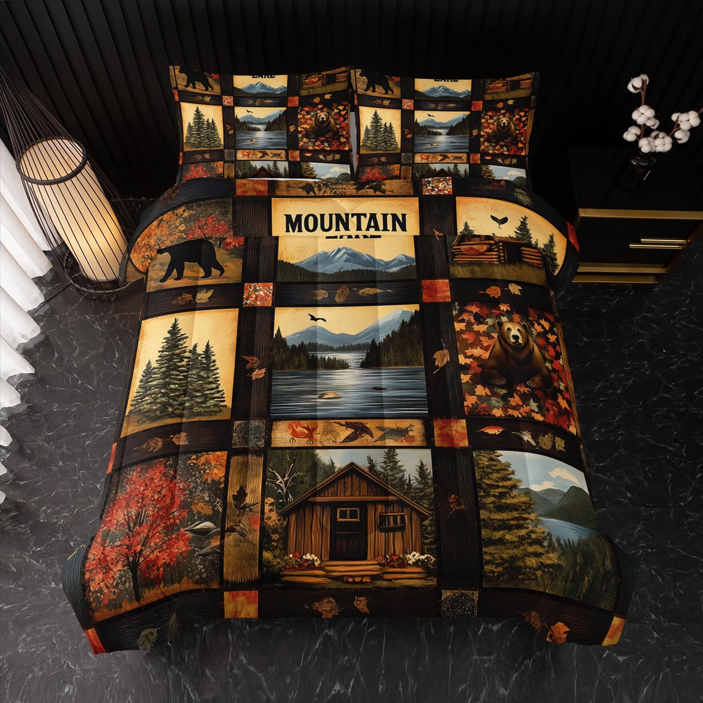 Nttopship Hunting Bear Comforter Set Twin,Bear Cabin Plaid Comforter Set Bedding Set for Kids Boys Men Adults Wildlife Pine Trees Rustic Farmhouse Soft Microfiber Comforter with 2 Pillowcases