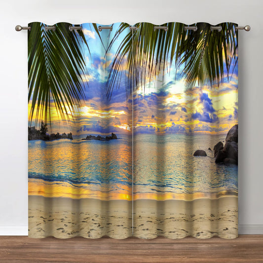 Jekeno Beach Sunset Blackout Curtains - Room Darkening Grommet Window Drapes Sunset Hawaiian Ocean Beachy Tropical Palm Tree Print Decor House Home Bedroom Living Room 2 Panel Set,42x54 in