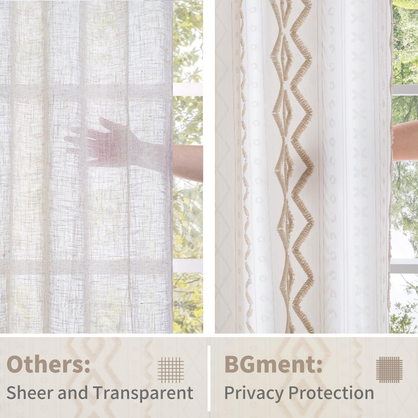 BGment Jacquard Boho Linen Curtains for Living Room 2 Panels, Botanical Tufted Pom Stripe Geometric Pattern Drapes for Farmhouse Bedroom Light Filtering, 52 X 84 Inch