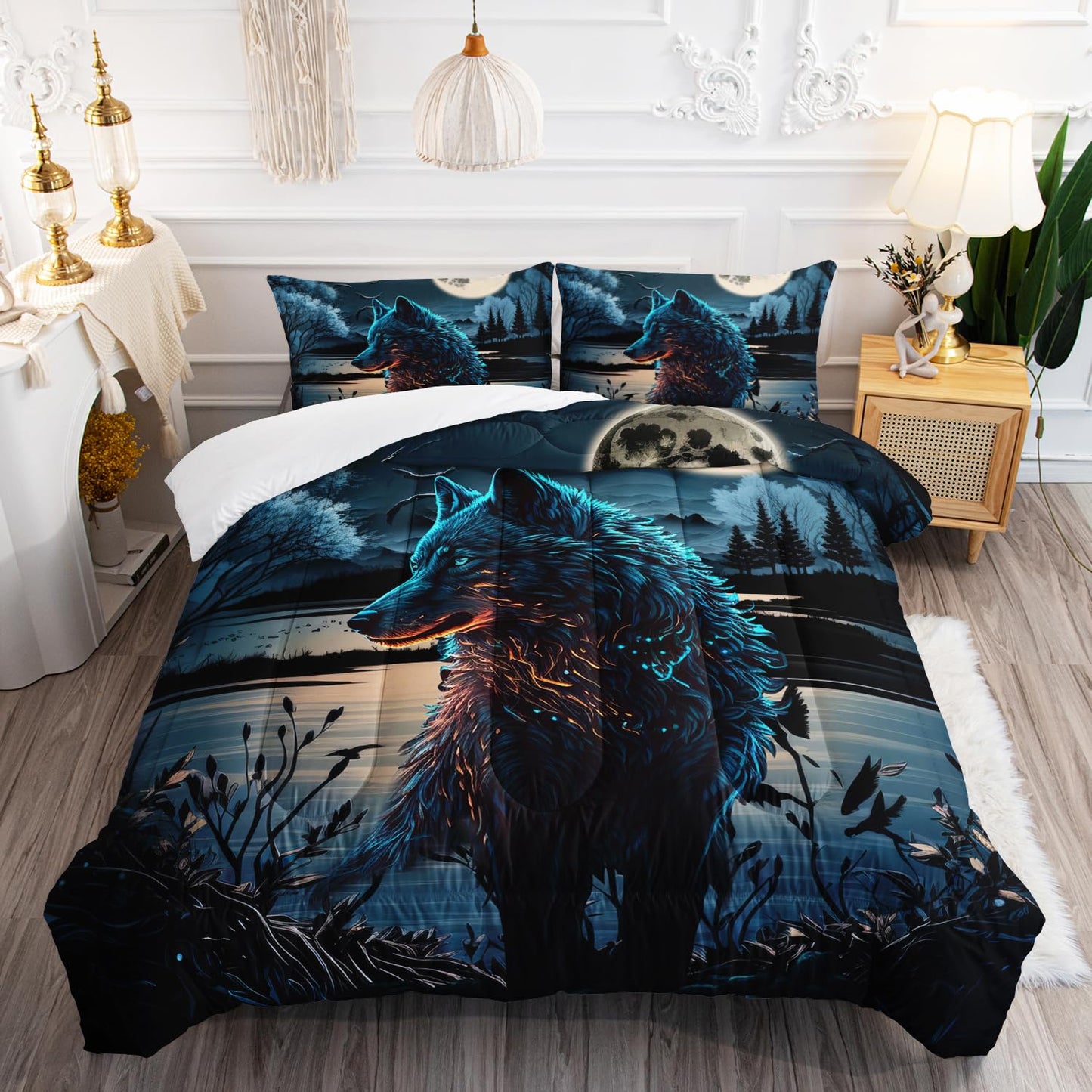 AILONEN Wolf Comforter Set - Queen Size, Boys Wild Animal Bedding Set, Safari Wolf Printed Duvet Set - 3 Pieces, 1 Quilt and 2 Pillowcases