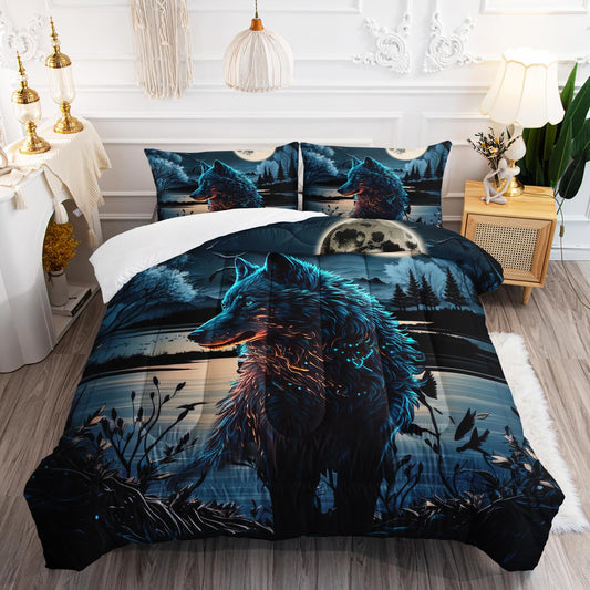 AILONEN Wolf Comforter Set - Queen Size, Boys Wild Animal Bedding Set, Safari Wolf Printed Duvet Set - 3 Pieces, 1 Quilt and 2 Pillowcases
