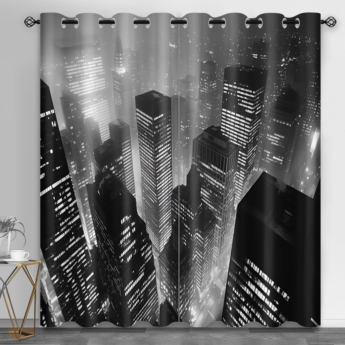 City Night View Blackout Curtains, Black and White Buildings Curtains for Living Room, City Aesthetics Black Out Bedroom Curtain Thermal Insulated Grommet Drapes 2 Panels, for Boys Room 26"W x 63"L x2