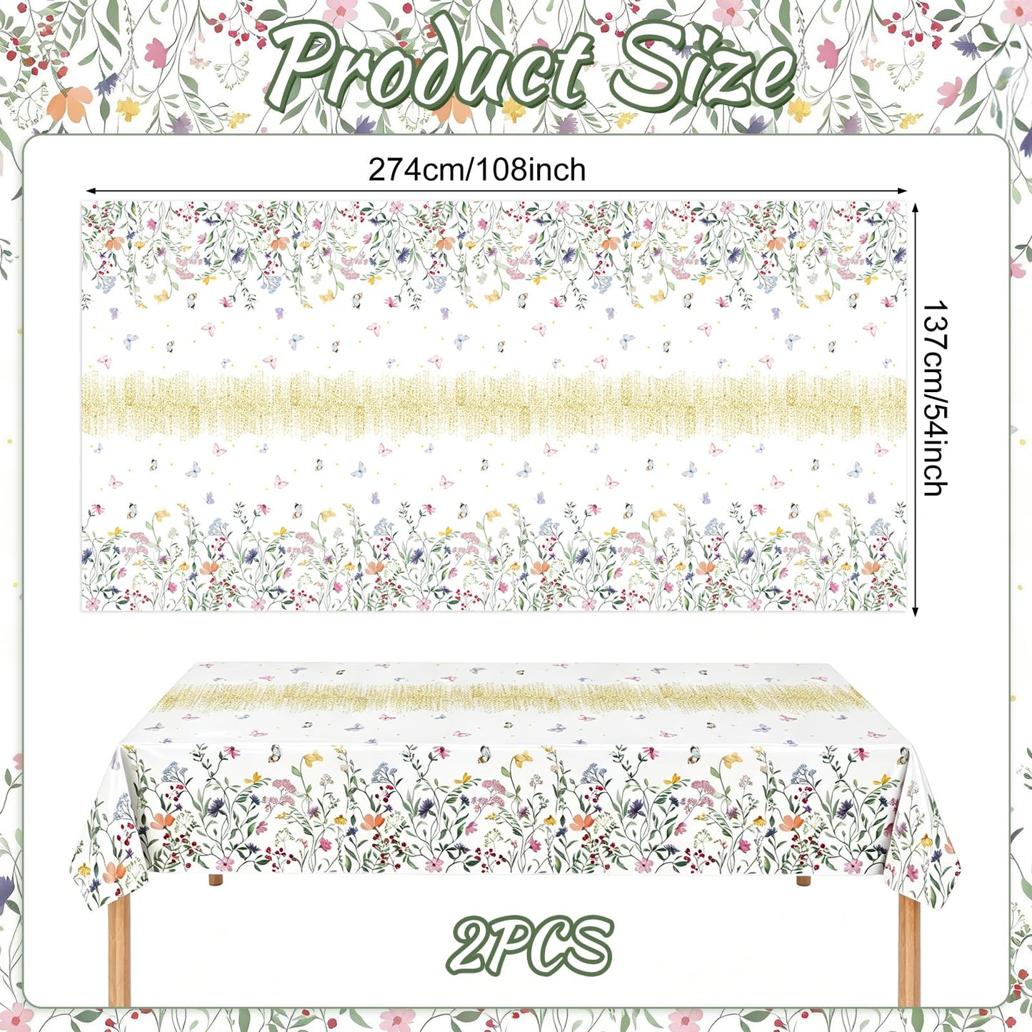 Floral Tablecloth 2 Pack Wildflower Tea Party Disposable Table Cover