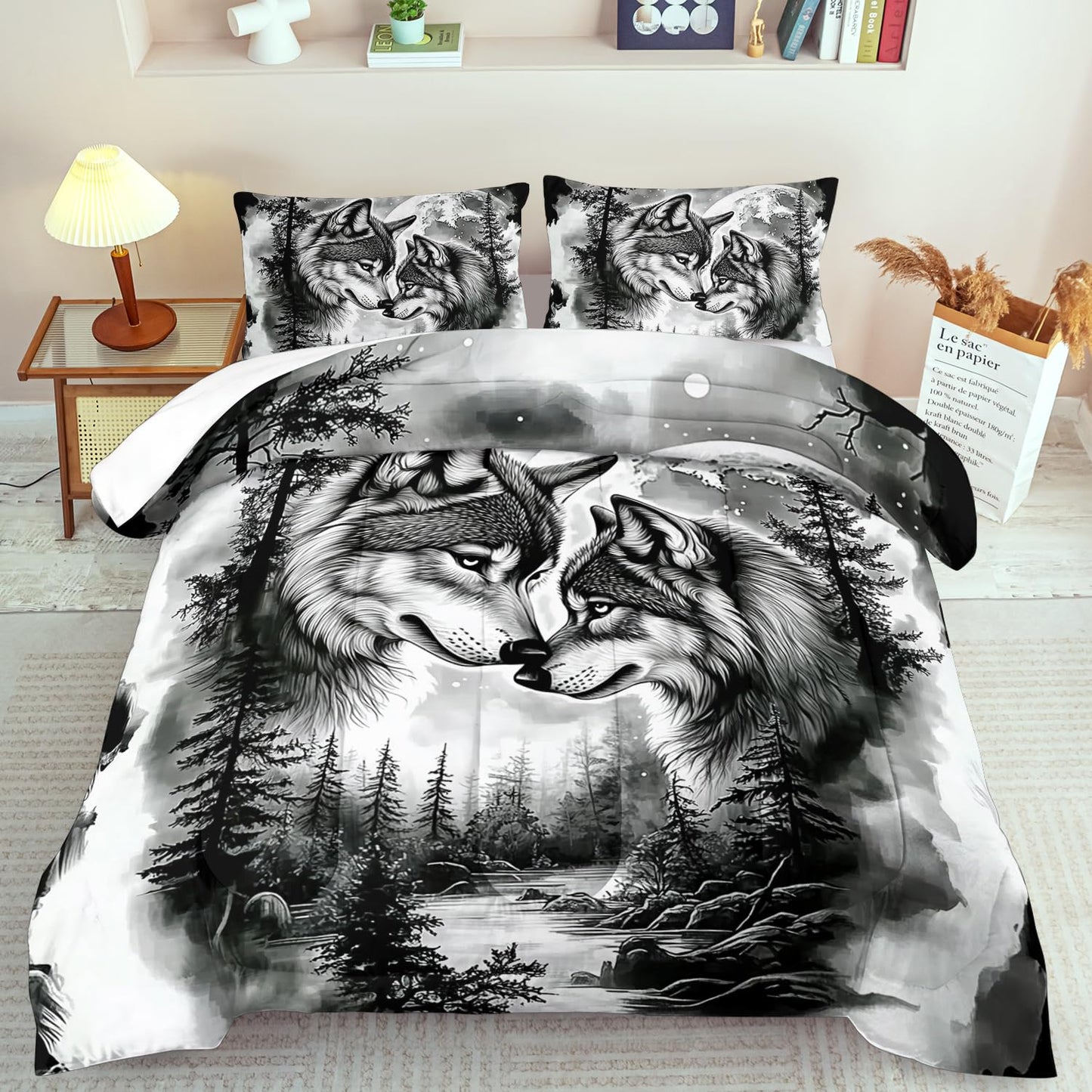 llyxsesty Wolf Comforter Set King for Boys Black and White Animal Bedding Set Girls Couple Wolf Comforter King Quilt Forest Room Decor Animal Home Decor Bedroom