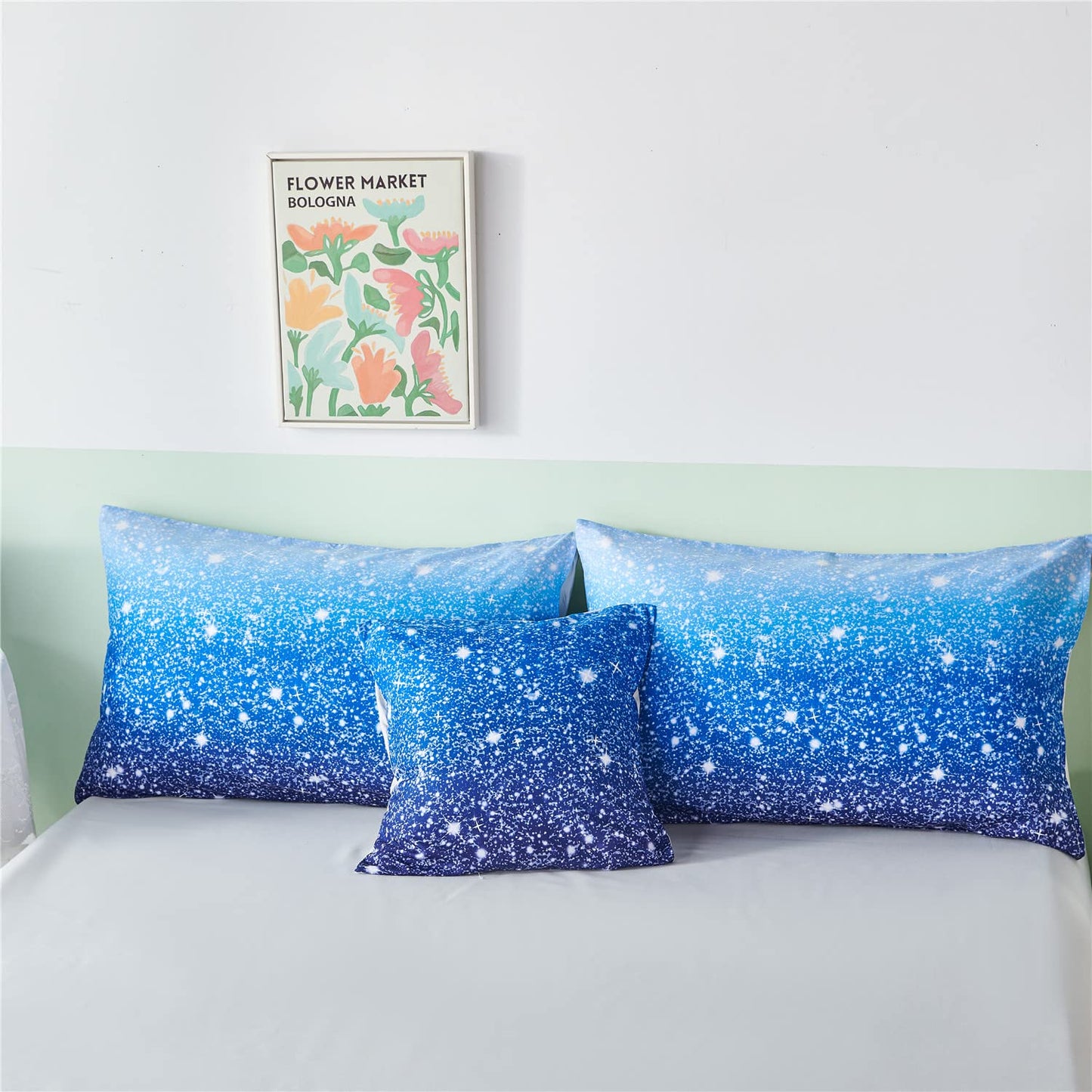 RYNGHIPY 6Pcs Gradient Aqua Blue Navy Ombre Comforter Sets with Sheets Pillowcases, Twin Size Sparkle Glitter Design Comforter Bedding Collections for Kids Boys and Girls