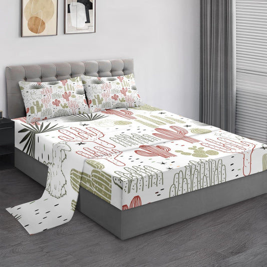Pamnest Queen Size Bed Sheet Sets, Mexican Vintage Ivory Soft Microfiber 4 Pcs Bedding Sets for Kids and Adults Bedroom Bed Decor, Cactus Flower Floral Flat, Fitted Sheet and 2 Pillowcases