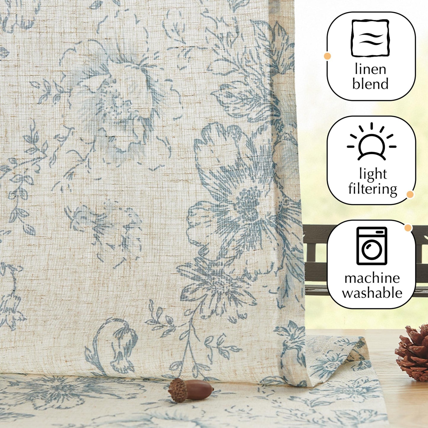 jinchan Floral Linen Tier Curtains Blue Flower on Beige Cafe Curtains 36 Inch Length Kitchen Living Room Bedroom Bathroom Farmhouse Rustic Country Rod Pocket 2 Panels