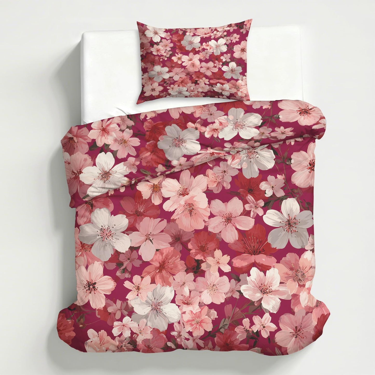 Cherry Blossom Duvet Cover Queen, Burgundy Pink Flower Bedding Set 3 Piece & 2 Pillowcases, Pink Floral Bedroom Decor, Reversible Soft Microfiber, Zipper Ties