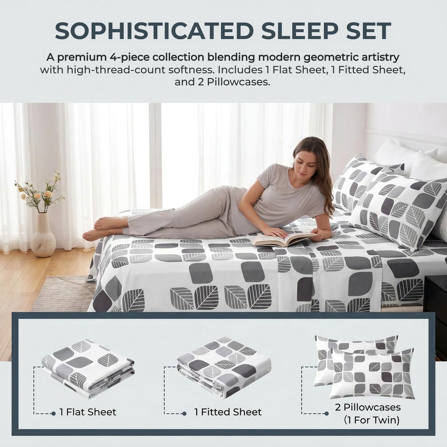 HCORA Geometric King Sheet Set, Ultra Soft Double Brushed Microfiber Bed Sheets, Deep Pocket, Breathable, Wrinkle Resistant, Easy Care, 4PC, King