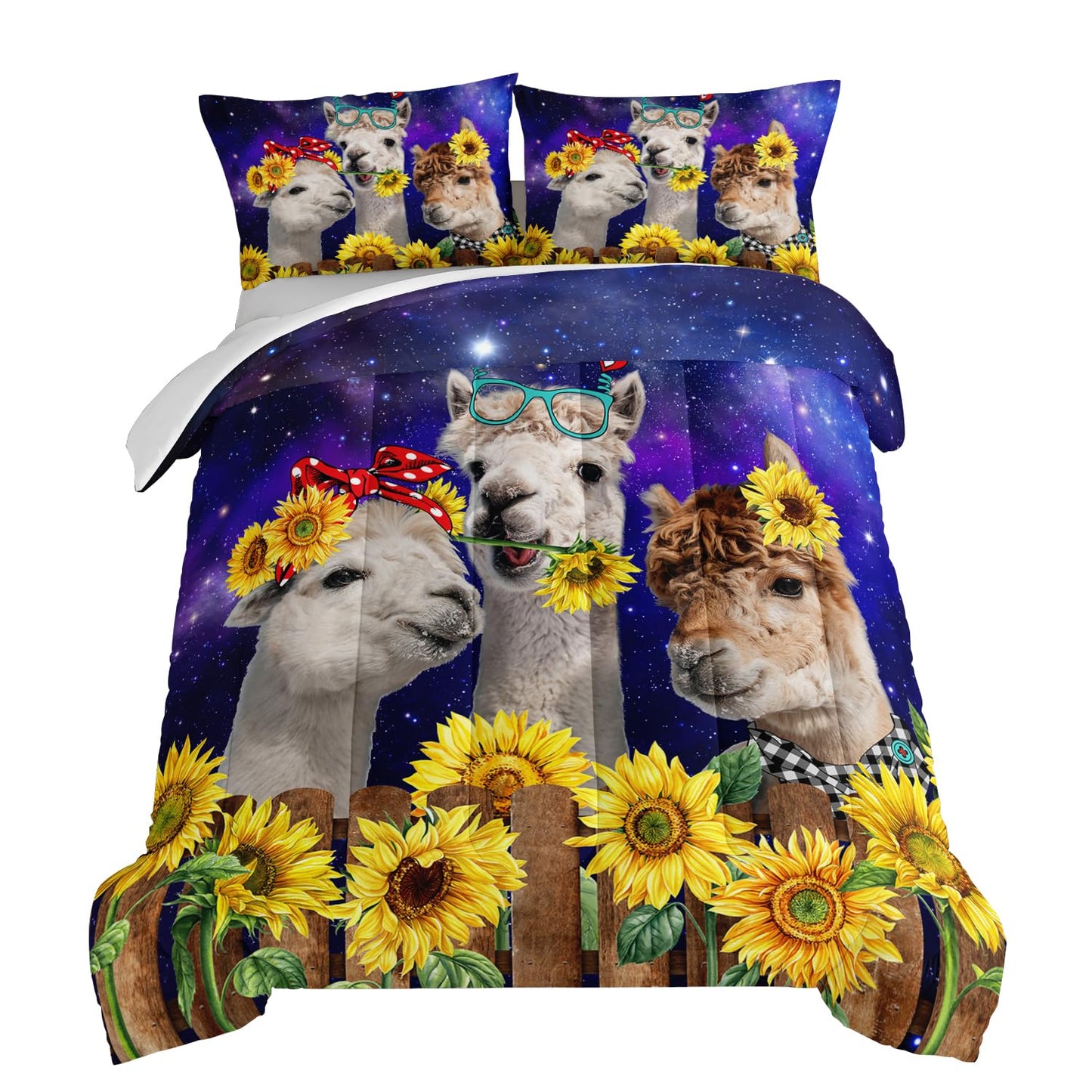 HOSIMA Funny Llama Twin Comforter Set,Alpacas Bedding Sets Animal Theme Room Decor.Soft Microfiber Star Galaxy Sunflower Full Size Bed in a Bag for Boys Girls Children Teens Dorm Room Essentials.
