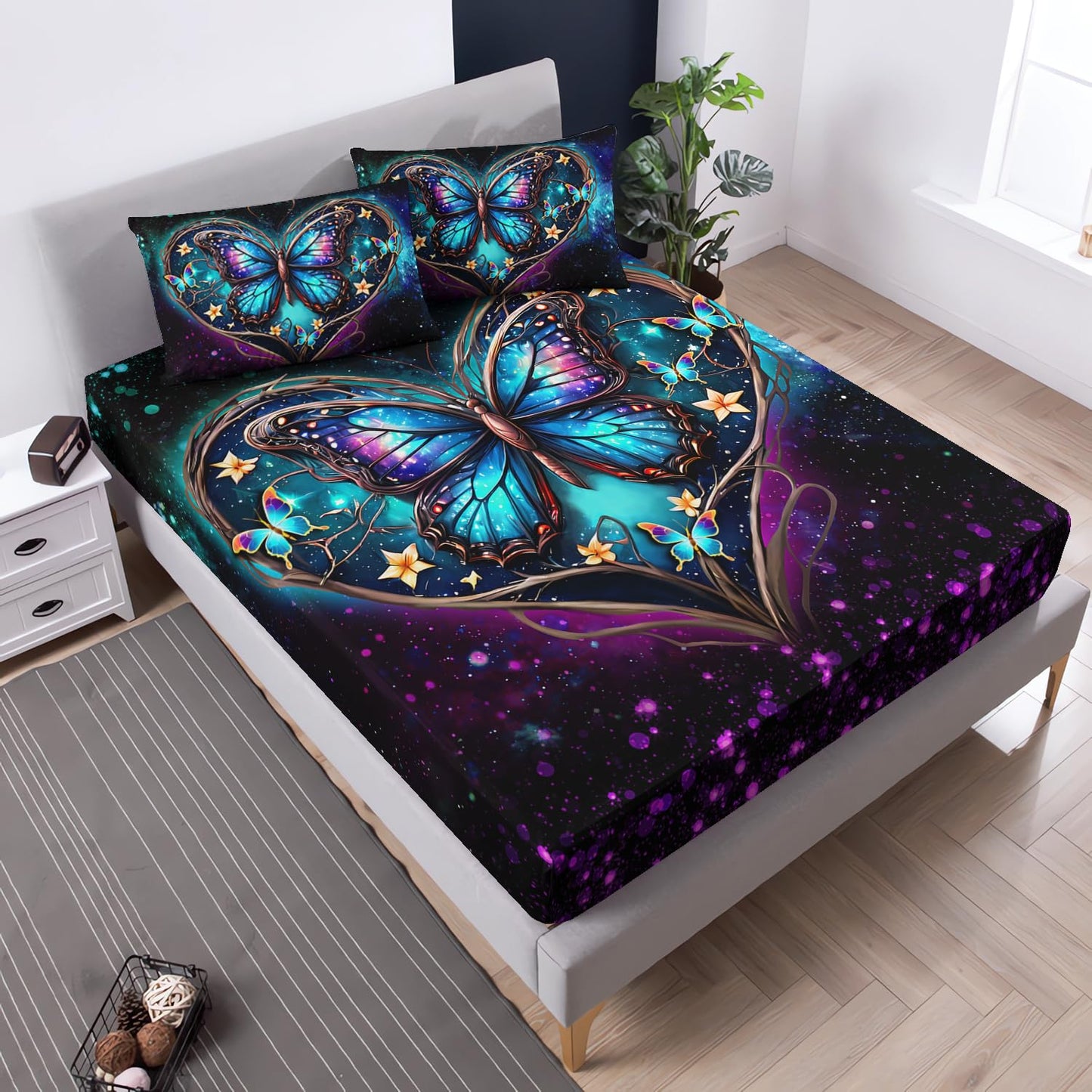 UEVBF Aesthetic Butterfly Bedding Twin Fitted Sheet,Romantic Love Flower Glitter Bed Fitted Sheet for Kids Teens Girls Room Decor,Blue Butterfly Fitted Sheet Sets,1 Fitted Sheet+2 Pillowcases.