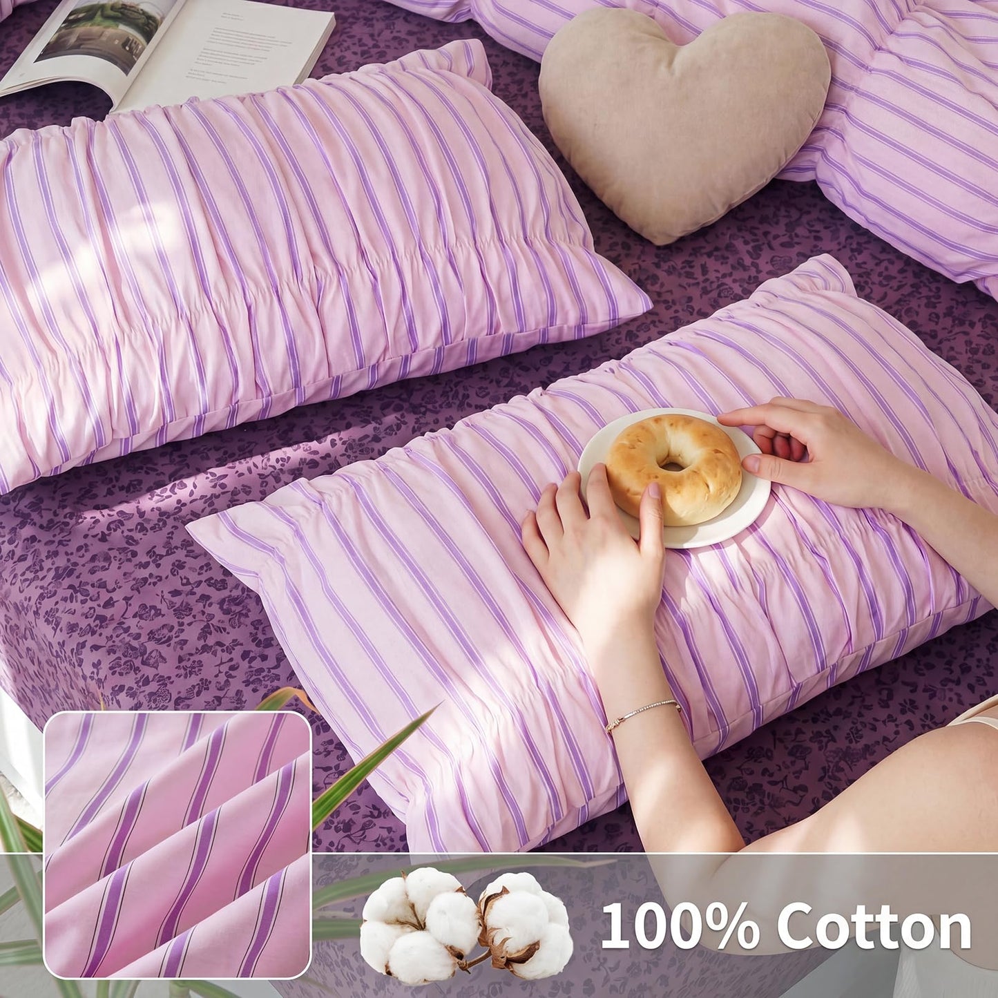Merryword Pink Ruched Duvet Cover Set Queen Size 100% Cotton Bedding Set Pink and Purple Striped Aesthetic Duvet Cover with Zipper Closure and 8 Corner Ties