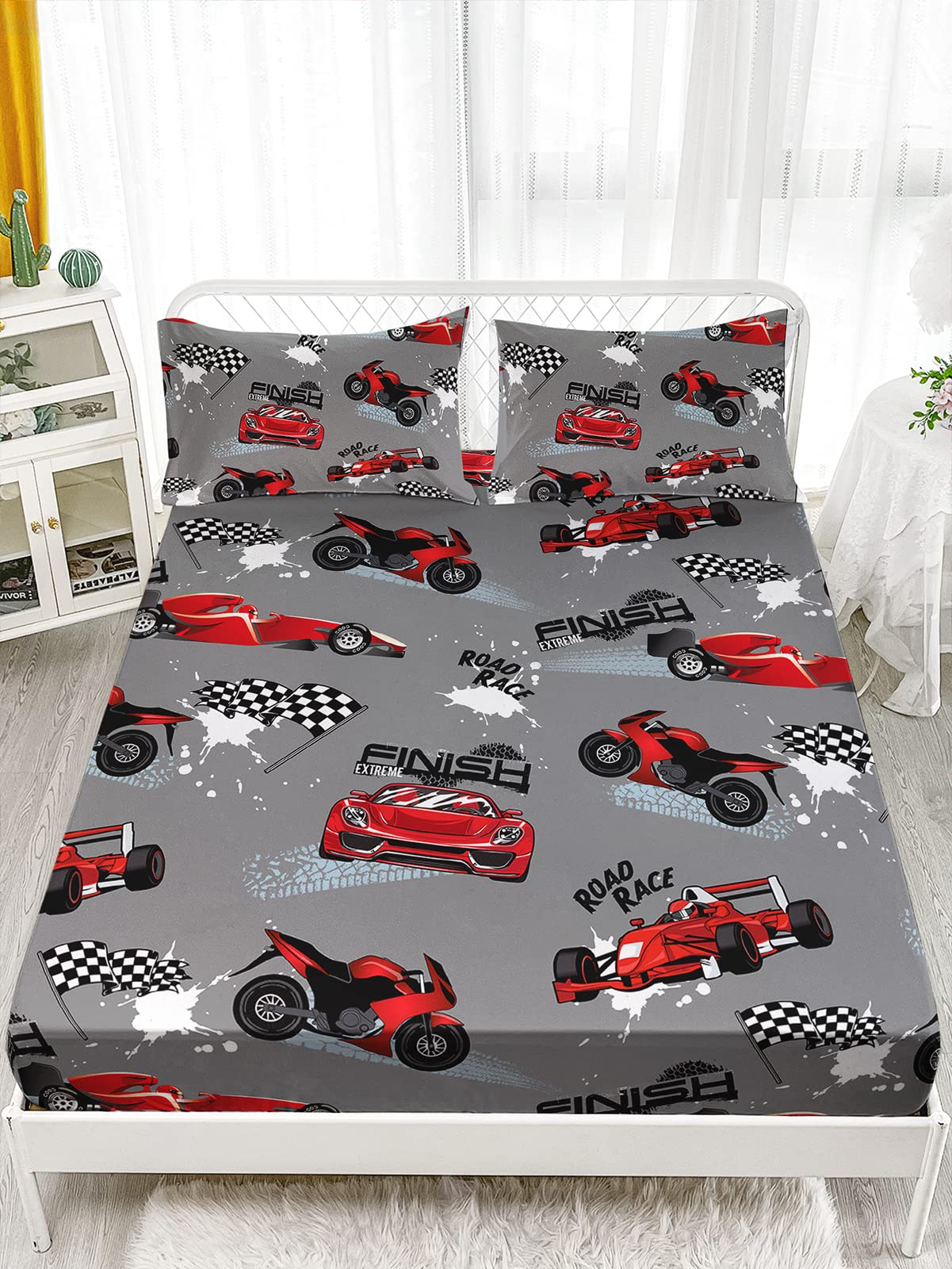 Axolotl Twin Racing Car Bedding Set, 4Pcs Red & Grey Car Bed Sheets with 1 Fitted Sheet 1 Flat Sheet 2 Pillowcases for Boys, Girls, Adults & Kids