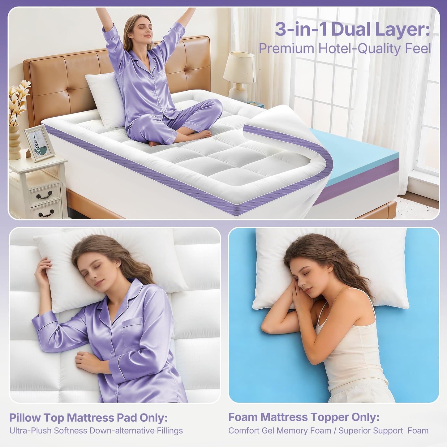 SurChic 5 Inch Dual Layer Memory Foam Queen Mattress Topper - 2'' Pillow Top Mattress Pad for Back Pain and 2'' Support Foam & 1'' Cooling Gel Memory Foam, Extra Thick Medium Support Bed Topper