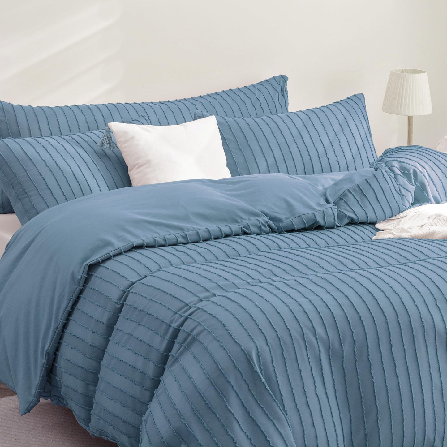 JELLYMONI Duvet Cover Full Size Blue - 3PCS Boho Striped Duvet Cover Set Polyester Tufted Bohemian Textured Comforter Cover with Corner Ties & Zipper Closure