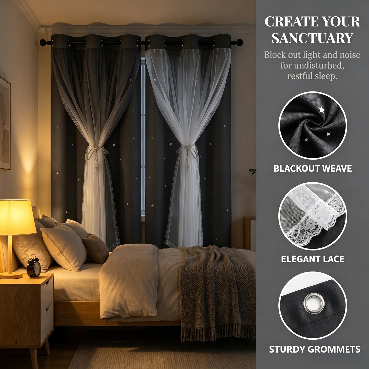 Kinryb Grey Star Cut-Out Blackout Curtains Kids Curtain Mix and Match Curtain for Nursery Grommet Top Small Curtains Thermal Insulated Drape for Bedroom 42" W x 45" L Grey 2 Panels 2 Tiebacks