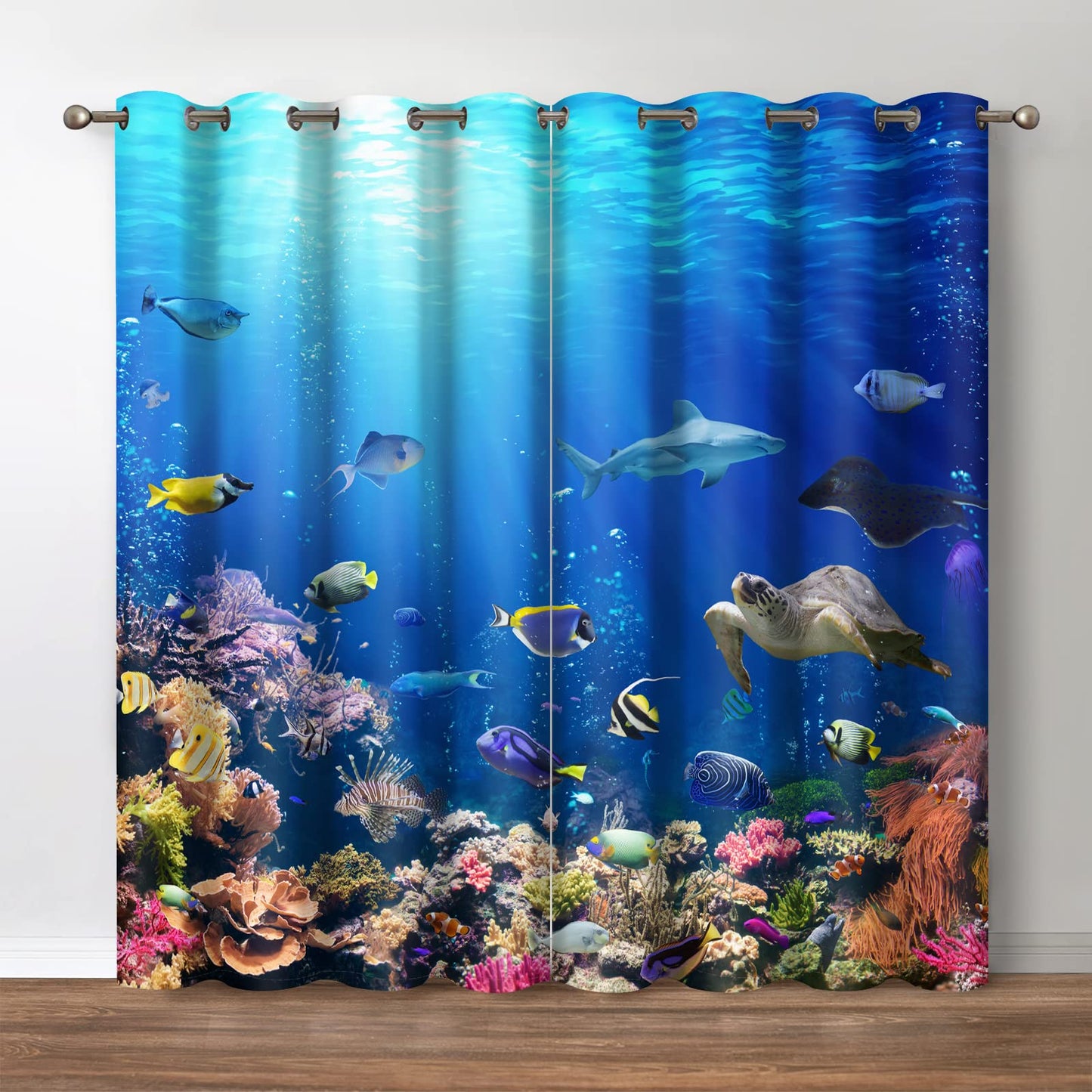 Jekeno Ocean Animal Blackout Curtains Underwater World Sea Turtle Shark Coral Fish Nature Landscape Print Decor Bedroom Living Room Darkening Grommet Window Drapes 2 Panel Set,Blue 42"x 54"