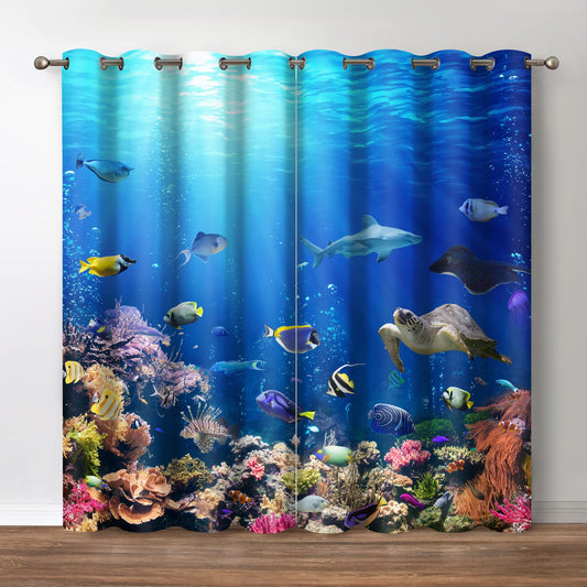 Jekeno Ocean Animal Blackout Curtains Underwater World Sea Turtle Shark Coral Fish Nature Landscape Print Decor Bedroom Living Room Darkening Grommet Window Drapes 2 Panel Set,Blue 42"x 54"