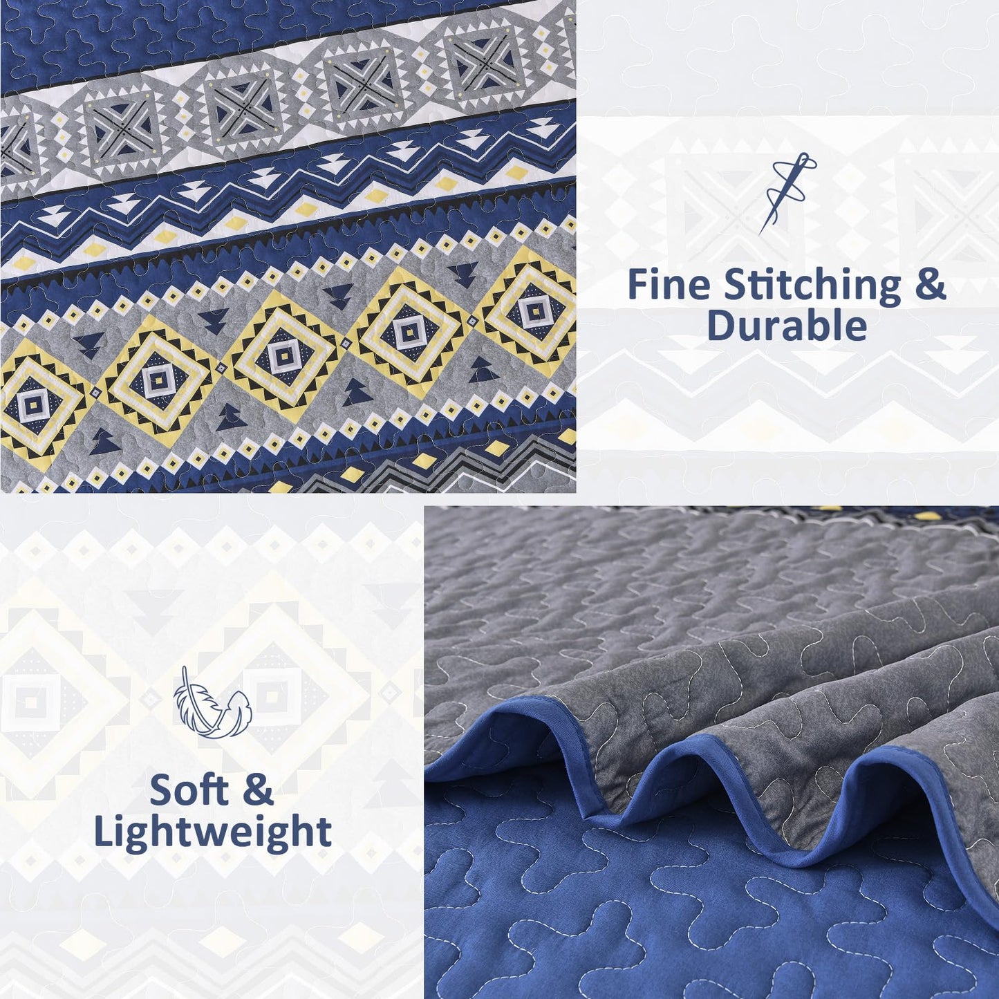 WONGS BEDDING 3 Pieces Quilt Set Queen Size, Navy Blue Quilt Bedspread Lightweight Bohemian Coverlet Set with 2 Pillowcase, Soft Geometry Printed Bedding Set Queen for All Season 96"×90"