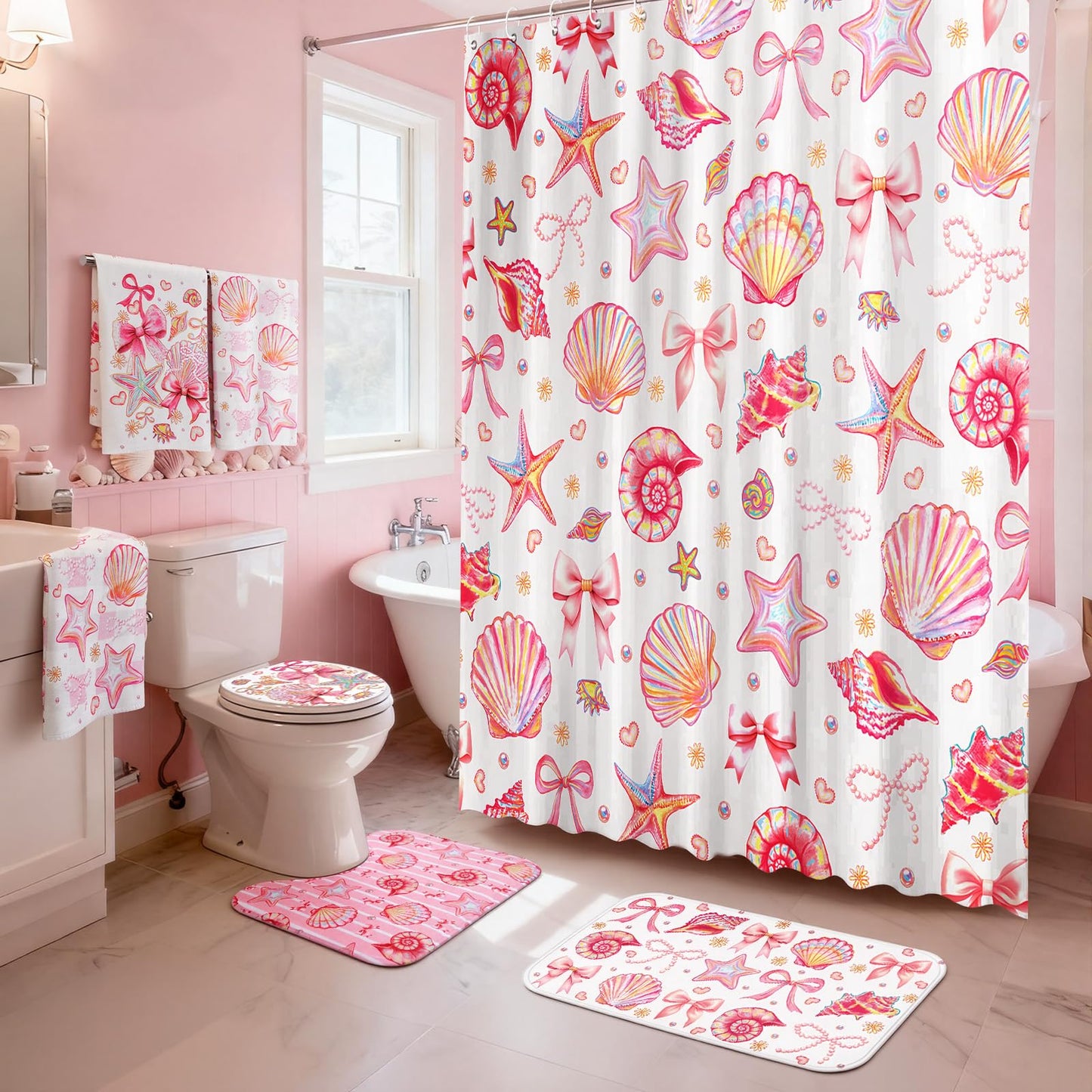 Tatuo 8 Pcs Beach Shower Curtain Set Blue Bow Ocean Summer Beach Party Bathroom Accessories Sets Coquette Starfish Coastal Waterproof Shower Curtain with Towels Carpet Bath Mat Toilet Rugs 12 Hooks