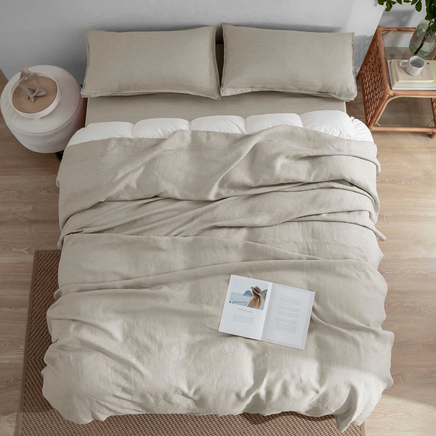 EVERLY Linen Sheets Set Twin Size,100% French Pure Linen Sheets Set,3Pieces (1Flat Sheet,1Fitted Sheet,1Pillowcase) Suitable for Hot Sleepers, Stonewash Not Dyed Deep Pocket Natural Linen Bedding Set