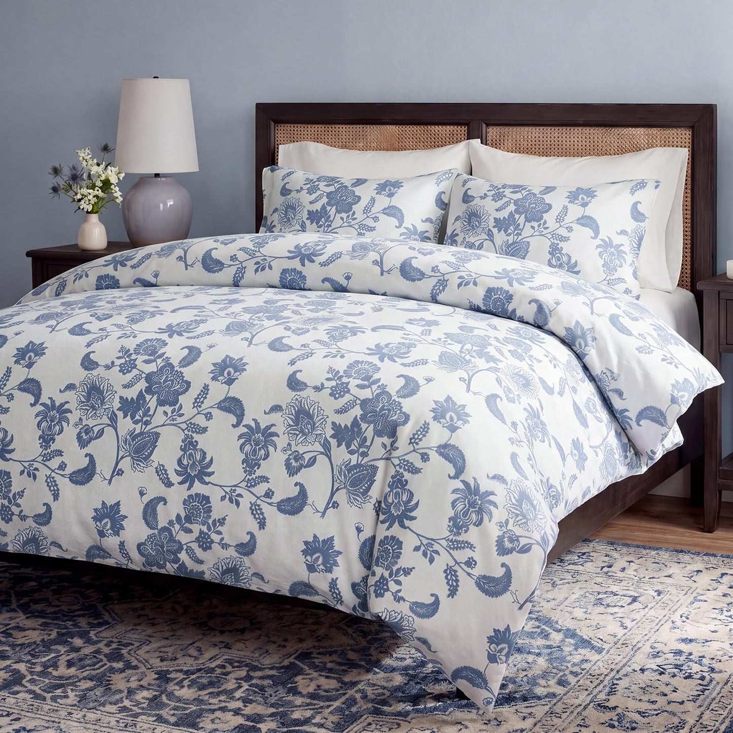 Bedorm 100% Cotton Duvet Cover Set King Floral Bedding Set Blue and White Paisley Flowers Print Boho Bedroom Decor Soft & Breathable Duvet Cover with Zipper Closure
