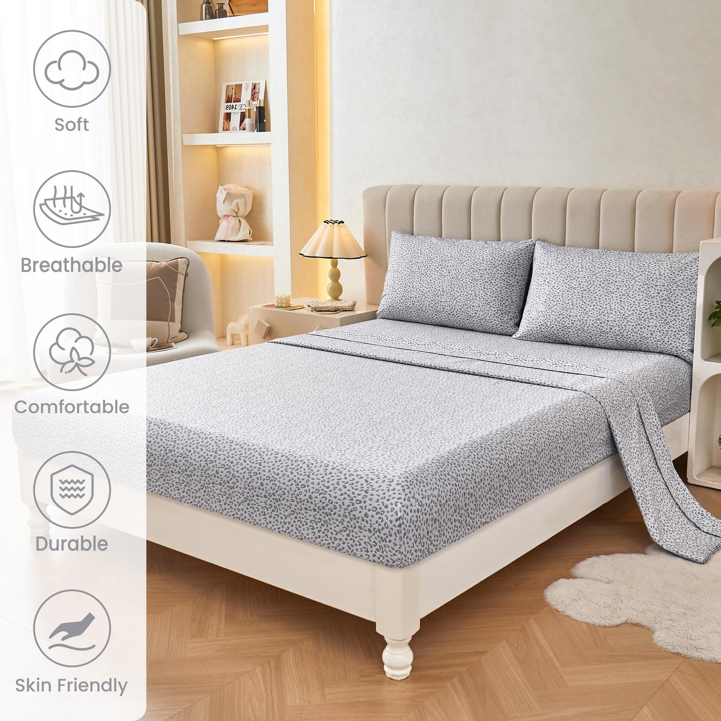 Mooreeke Leopard Cheetah Printed Queen Bed Sheets, Soft Microfiber Bedding Sheets & Pillowcases, Deep Pocket Non-Slip Fitted Queen Sheet, Silver Grey Animal Pattern Bedsheets