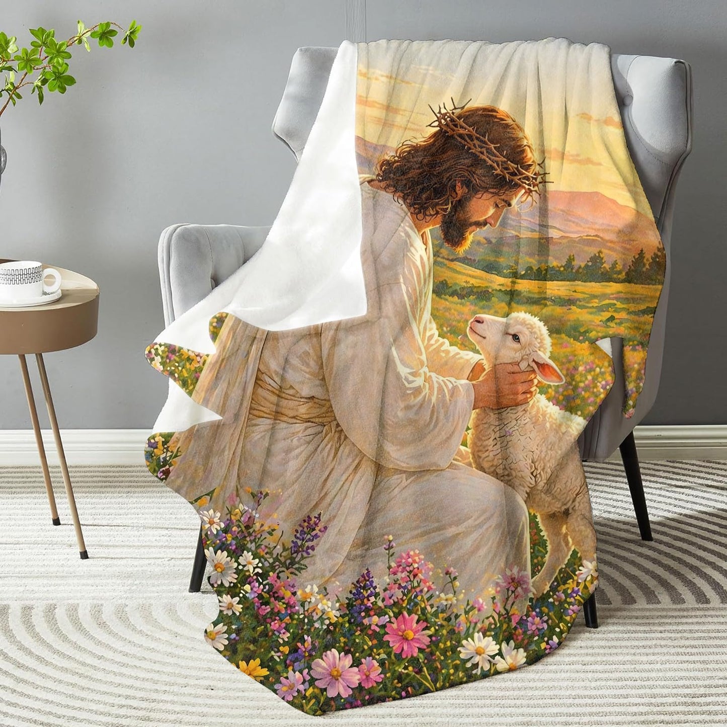 dhakalrlde Jesus with Lamb Blanket, Peaceful Faith Spiritual Meadow Scene Throw Blanket Gifts for Christian Women, Lightweight Warm Cozy 60×50 inch Inspirational Flannel for Couch, Bed, Decor