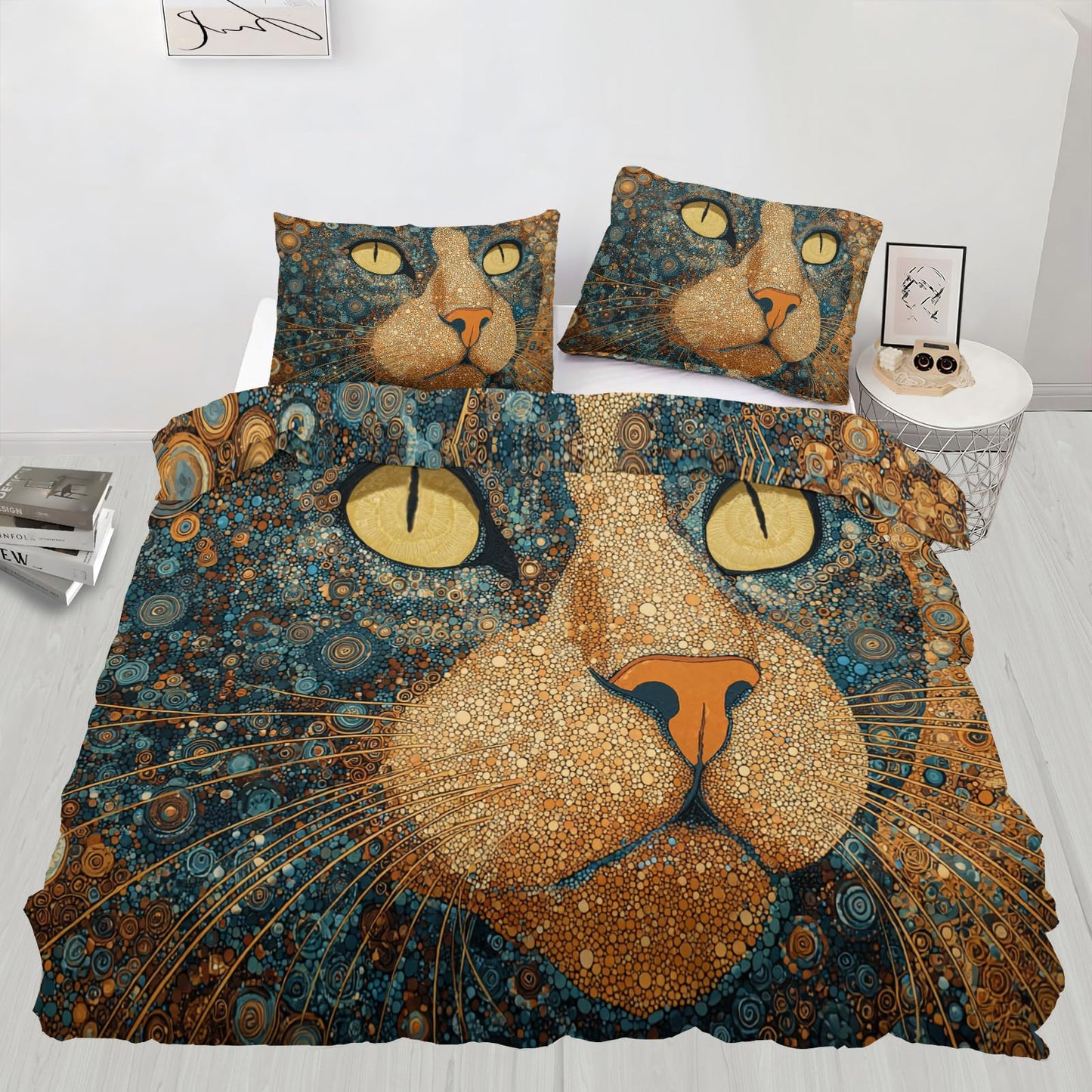 ZAMODE Cat Duvet Cover 90" x 90", Vintage Mid Century Cat Bedding Set, Boho Exotic Kitten Comforter Cover with Zipper Ties