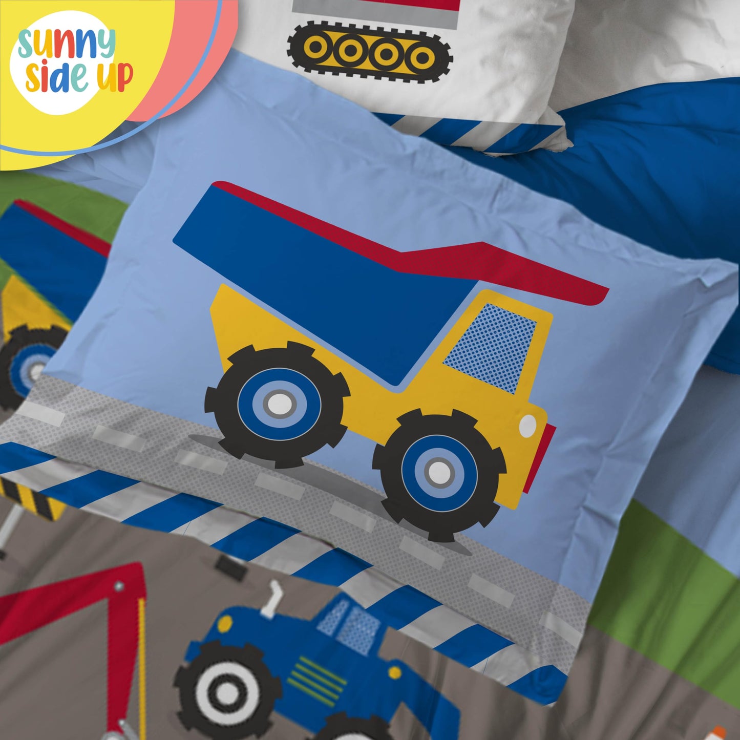 Sunny Side Up Construction Zone Full Comforter Set - 7 Piece Kids Bedding Includes Comforter, Sheets & Pillow Cover - Super Soft Vehicles Microfiber Bed Set
