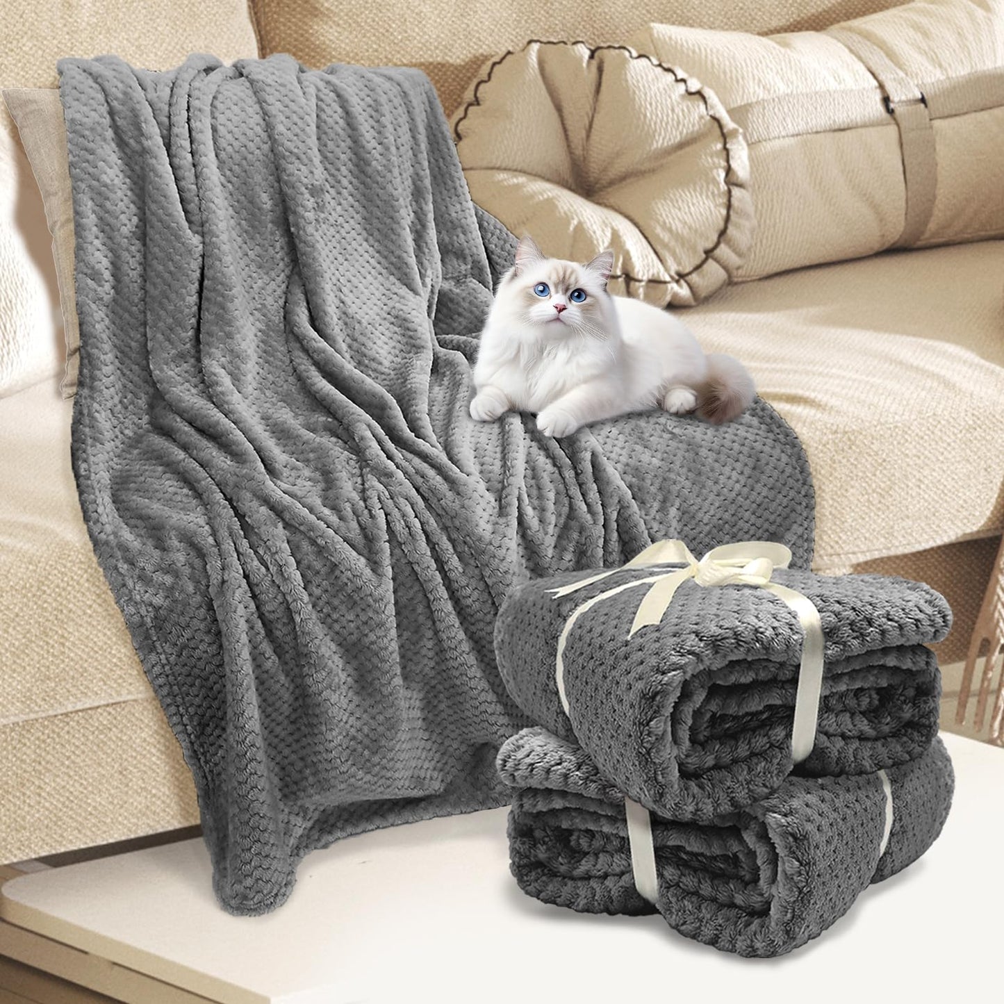 Tewloss 8 Pack Fleece Throw Blankets 50x60 Inches - 240 GSM Ultra Soft Plush Flannel for Bed Couch Sofa, Lightweight Warm 3D Waffle Texture, No Shedding No Pilling All Season Throw(Dark Gray)