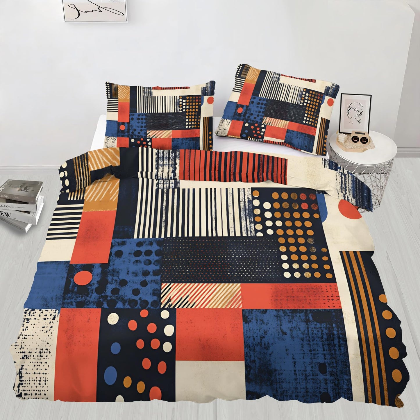 GKPLY Geometric Blocks Comforter Set King, Strip Dot Distressed Duvet Cover Set, Mid Century Bedding Set & Home Decor, Zipper & Ties, Reversible Print - Boho Abstract Quilt & 2 Pillow Cases