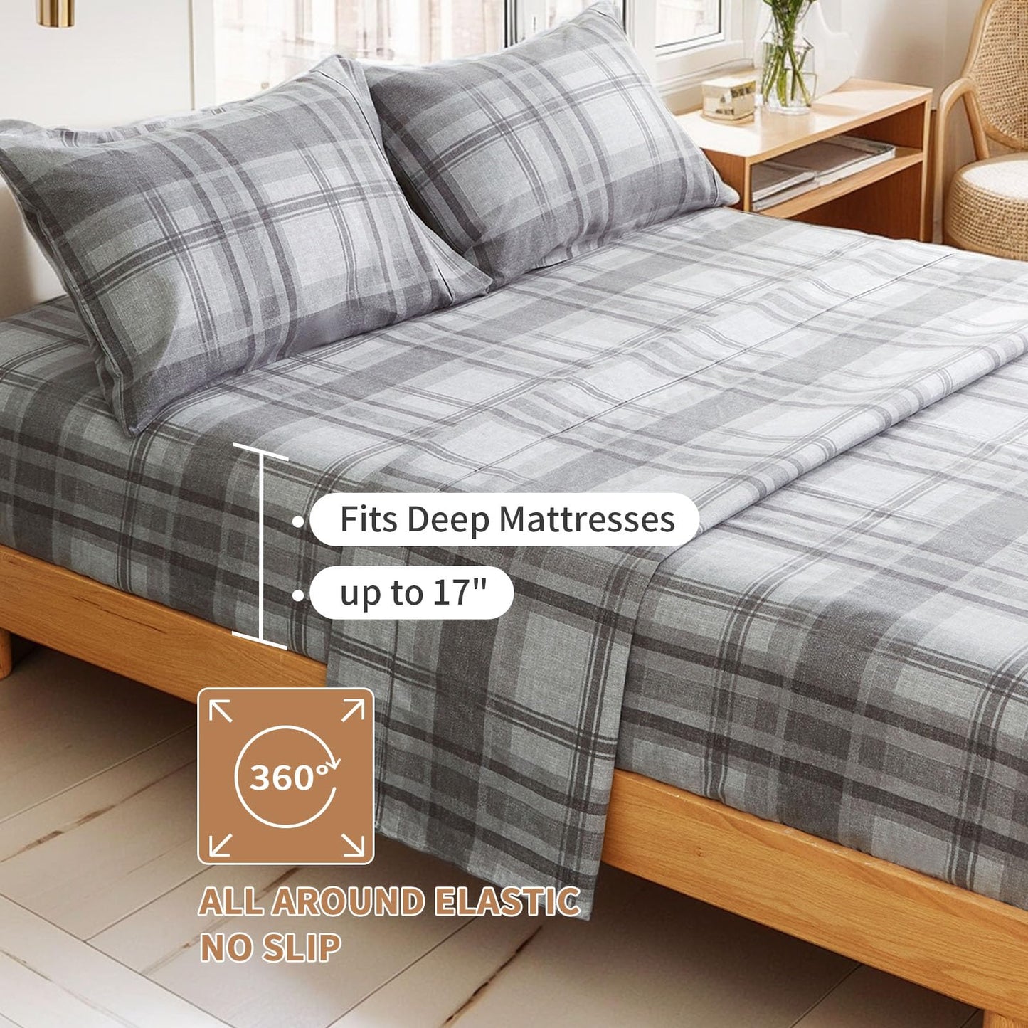 King Sheets Set 4PC - Soft Cooling 1800 Thread Count Microfiber Printed Sheet, 8 - 17" Deep Pocket Breathes Better, Hypoallergenic, Wrinkle Free, Machine Washable Grey Plaid Patterned Double Bedding