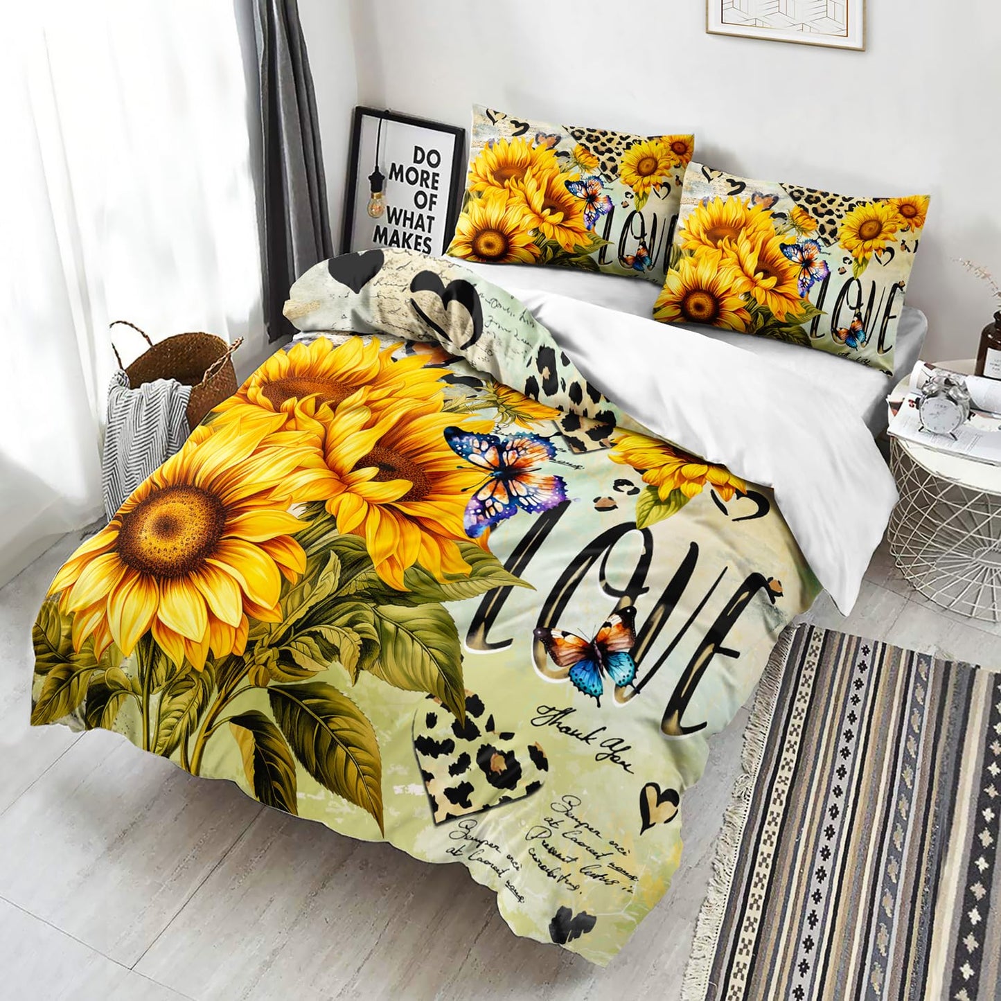 AILONEN Sunflower Duvet Cover Set King Size, Garden Flower Sunflower Quilt Cover Set,Modern Printed Leopard Hearts Comforter Cover and 2 Pillowcases,3 Pieces