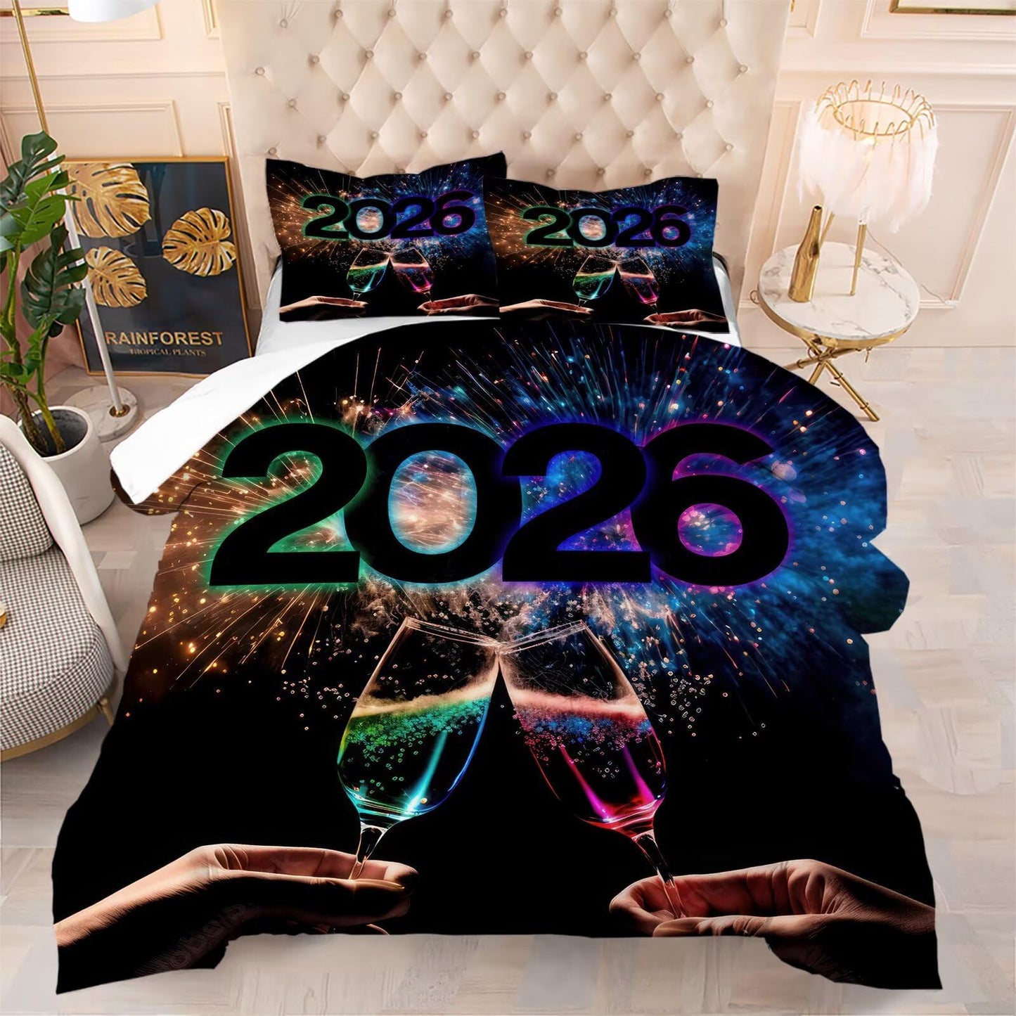 kxry Happy 2026 Year Bedding Sets Celebrate Champagne Comforter Set 3 Pieces of Machine Washable Soft Quilt for Kids Teen Girls King Size