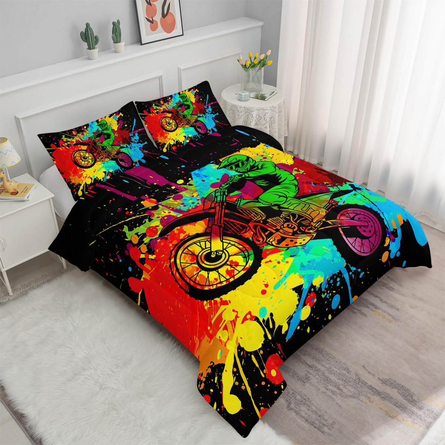 Axolotl Motocross Bedding Set Twin,Dirt Bike Comforter Set,Extreme Sports Bedding,Motorcycle Racer Comforter Set Motocross Comforter Motor Vehicles Biker for Boys Kids Teens Men,1 Quilt 2 Pillowcases