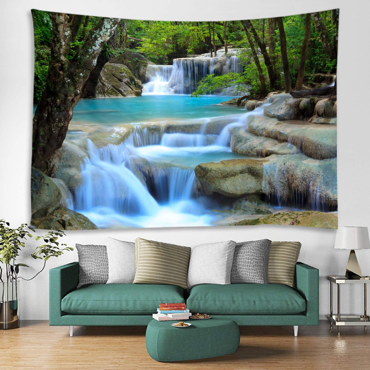 WODEJIA Forest Waterfall Fabric Tapestry Decorative Wall Art Tablecloth Bedspread Picnic Blanket Beach Throw Blanket Multifunctional for Bedroom Dormitory Living Room Hanging 79 x 59 Inches