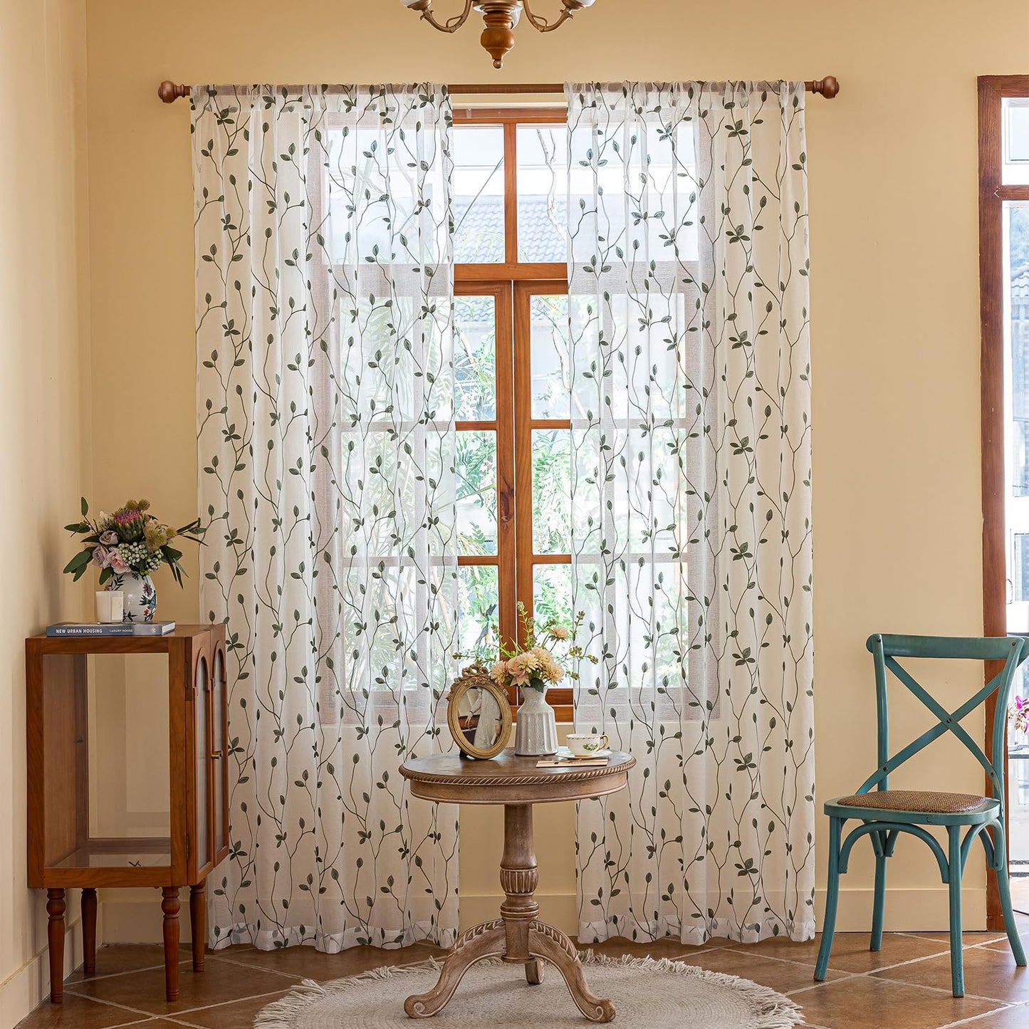 AmHoo 2 Panels Embroidered Leaf Pattern Semi Sheer Curtains Foliage Floral Voile Window Draperies Treatment for Bedroom Living Room Rod Pocket White Sage Green 53 x 95 Inch