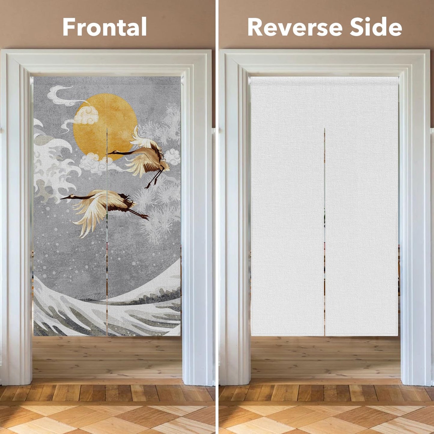 Leowefowa Noren Doorway Curtain Japanese Style Door Tapestry Cranes Waves Gold Full Moon Printed Window Treatment Panel for Room Divider Kitchen Door Curtains Home Decoration, 33.5"x 70.9"