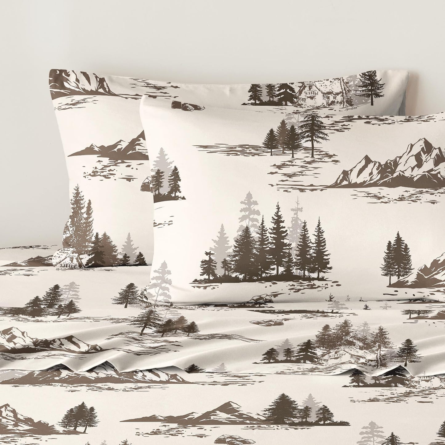 Wake In Cloud - Rustic Bed Sheets, 4-Piece Sheet Set, Cabin Forest Woodland Camping Theme with Lodge Mountain Pattern Printed Bedding, Deep Pocket, Beige Brown, Queen Size