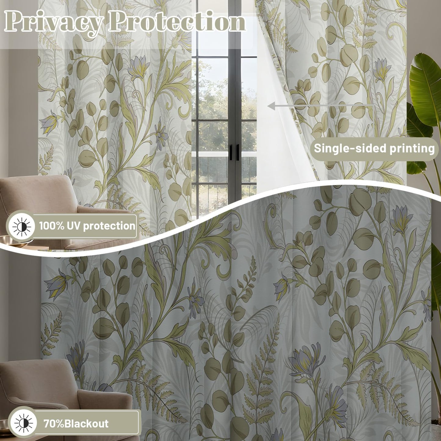 soeeao Sage Green Vintage Botanical Blackout Curtains Patterned Plant Leaf Window Drapes for Bedroom Living Room, 84 inch Length 2 Panels Set, 52x84 inch