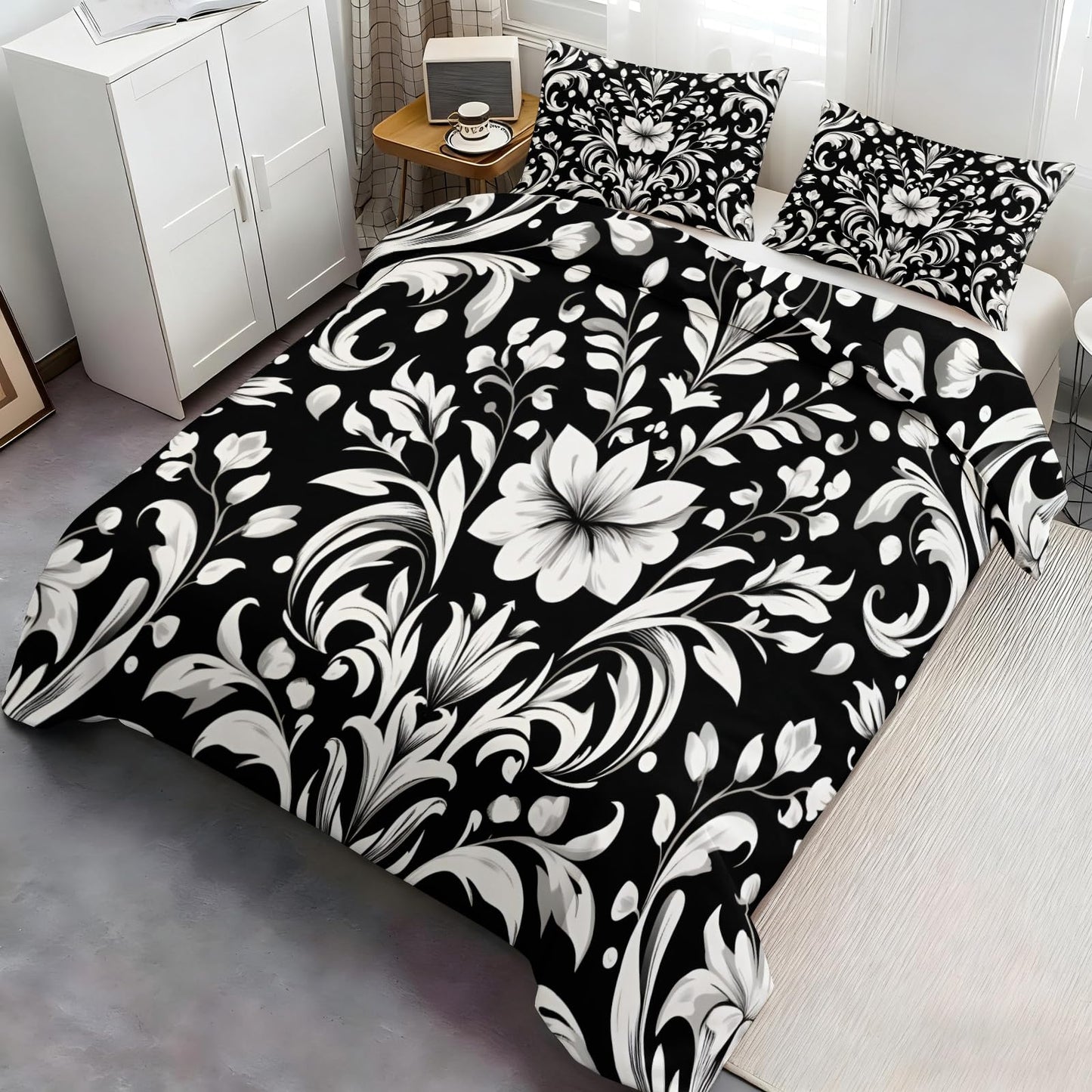 ZAMODE Vintage Floral Duvet Cover 104" x 98", Black White Baroque Style Bedding Set, White Flower Comforter Cover with Zipper Ties