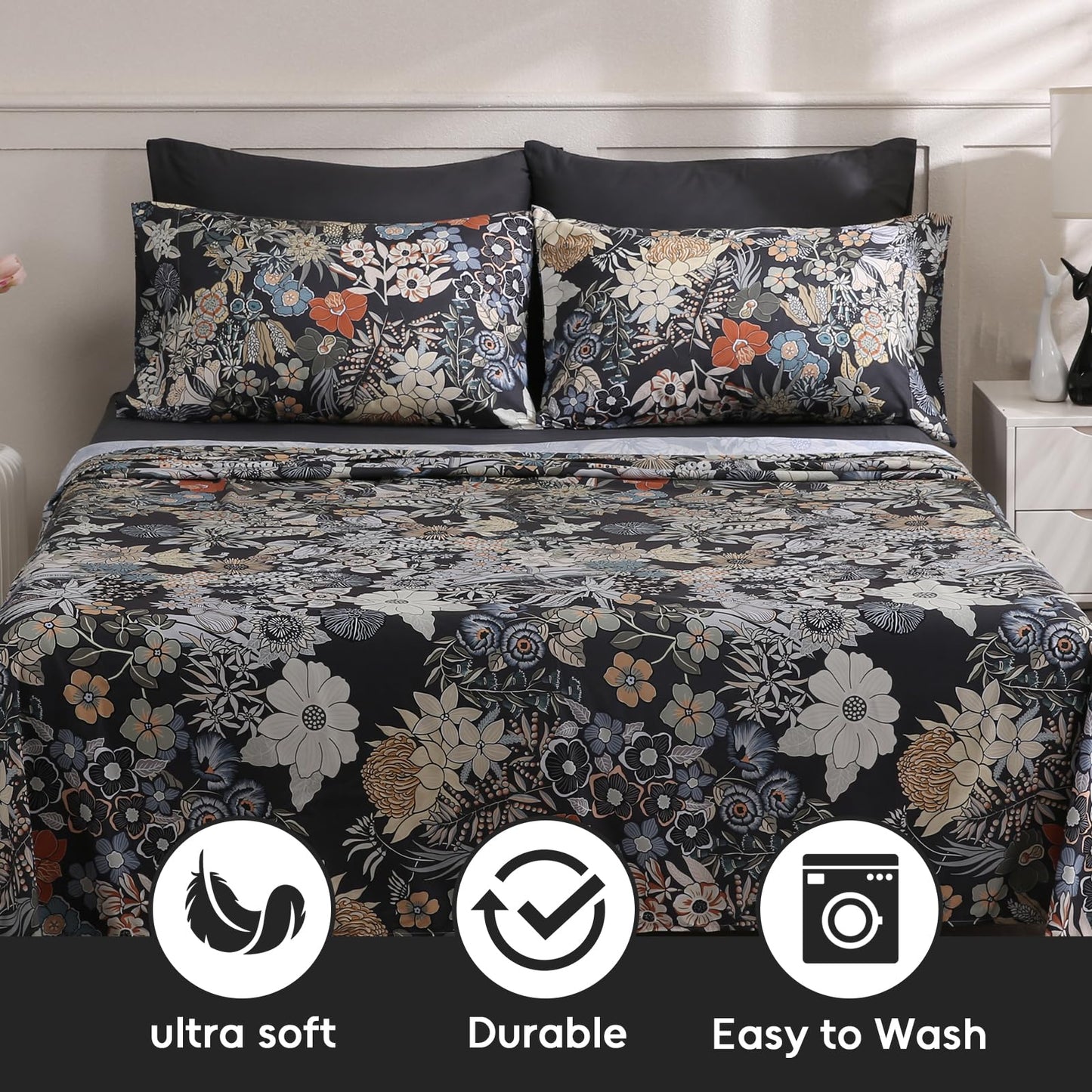 LONAVA Flower King Size 6 Pcs Sheet Set, Breathable Microfiber Deep Pocket Black Fitted Sheets, Comfy & Breathable Patterned Flat Sheets,4 Gentle Soft Pillowcases, Midnight Blossoms