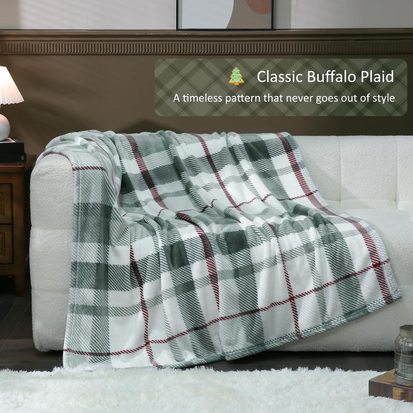 HOMRTAR Buffalo Plaid Fleece Christmas Throw Blanket Super Soft Luxurious Cozy Flannel Bedding Blanket for Home Decor All Season (50 x 60 Inch, Sage Green)