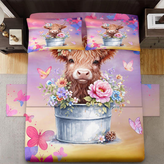 WeCozy 4 Pcs Queen Size Bed Sheet Sets with 2 Pillowcases, Cow Butterfly Floral Soft Microfiber Bedding for Kids and Adults, Boho Highland Cow Flat, Fitted Sheet for Bedroom Bed Decor