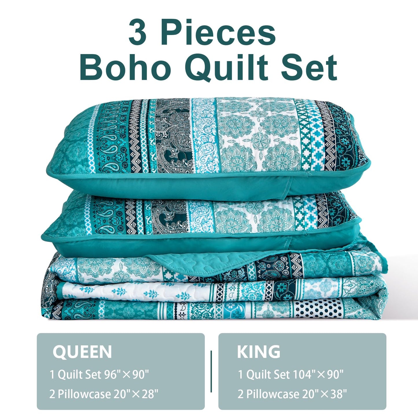 WONGS BEDDING Boho Quilt Set King Size, Teal 3 Pieces Bohemian Striped Patchwork Bedspread Coverlet, Lightweight Soft Microfiber Bedding Set for All Season (104"x90")