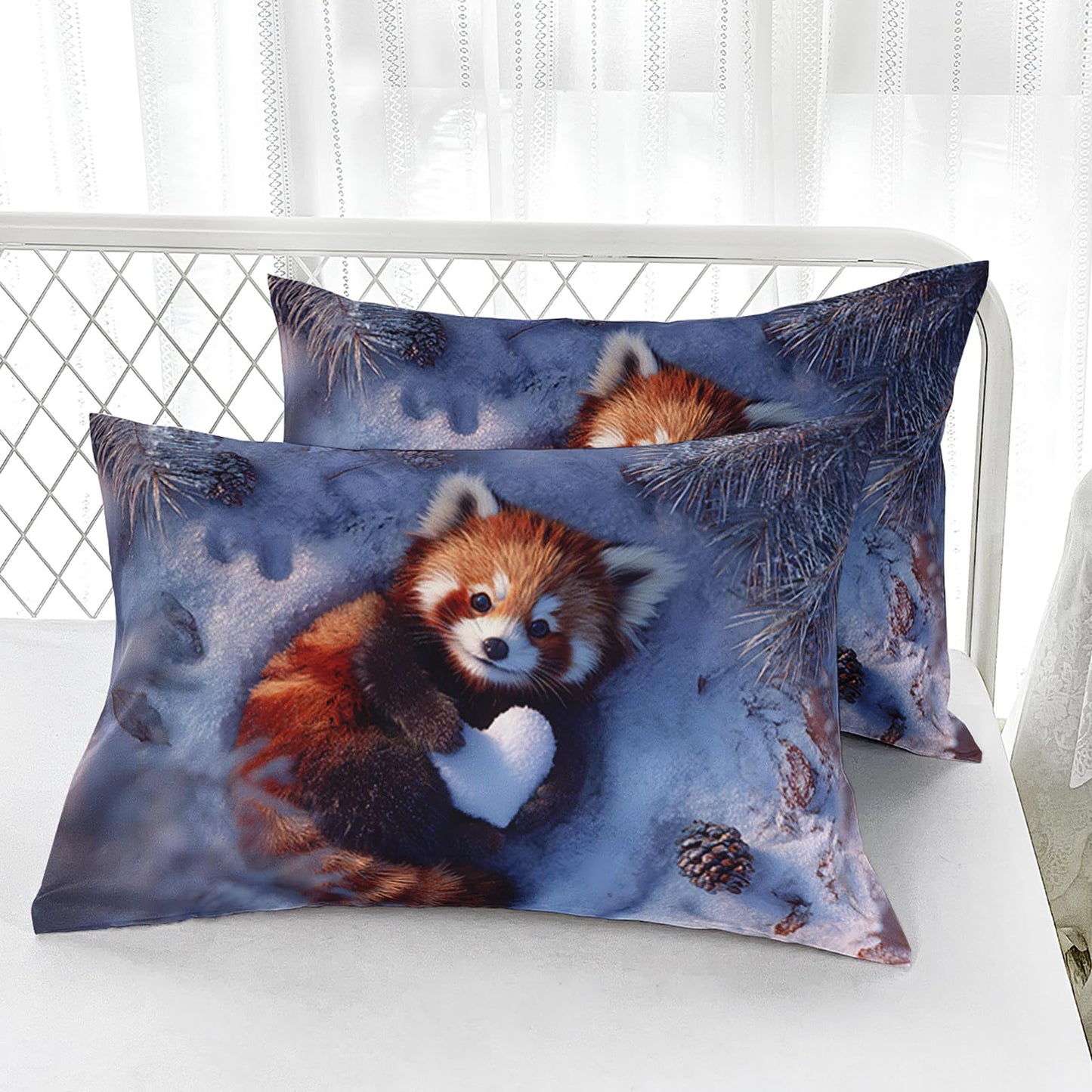 AILONEN Red Panda Fitted Sheet Set Full Size,Kawaii Forest Red Panda Deep Pocket Sheets with 2 Pillowcases,3-Piece Cute Winter Wild Animal Bed Sheet Set for Boys Girls