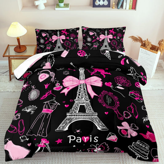 llyxsesty Eiffel Tower Comforter Set King Size,Eiffel Tower Bedding Set for Girls, Pink and Black Paris Themed Comforter Bedroom Decor,Paris Quilt French Style Romantic Bedding