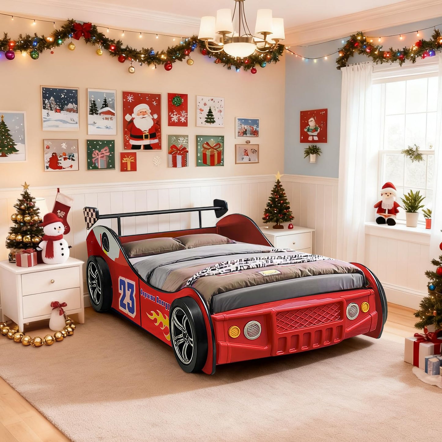 LKTART Twin Size Car Bed for Kids, Race Car-Shaped Wooden Platform Bed Frame with Headboard Wheels and Support Slats for Boys Toddlers Child's Bedroom (Red)