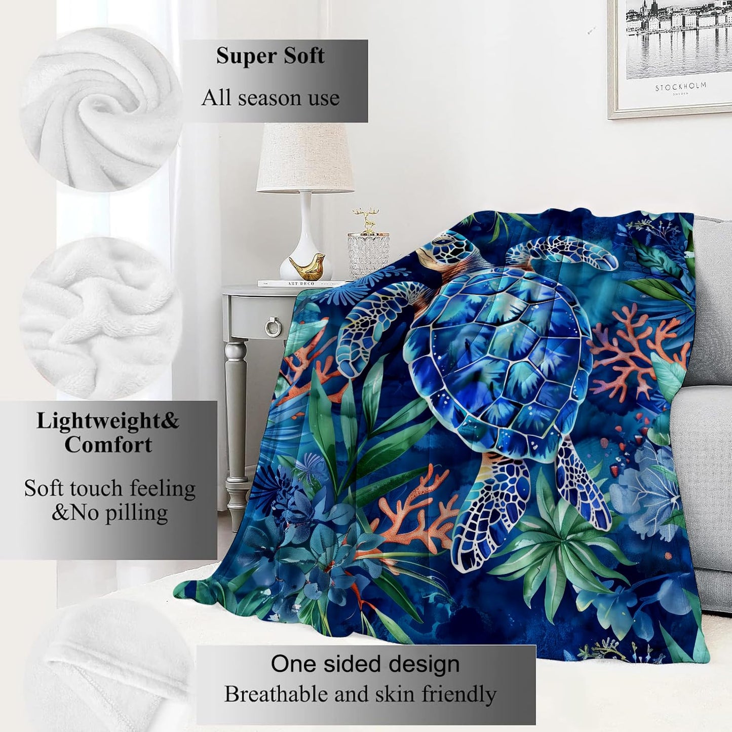 VODRM Sea Turtle Blanket Underwater Coral Reef Blue Throw Blankets,Birthday Gifts for Kids Adult & Ocean Lovers,Lightweight Soft Fleece with Marine Life,for Sofa Couch Bed Room Decor 50x60in